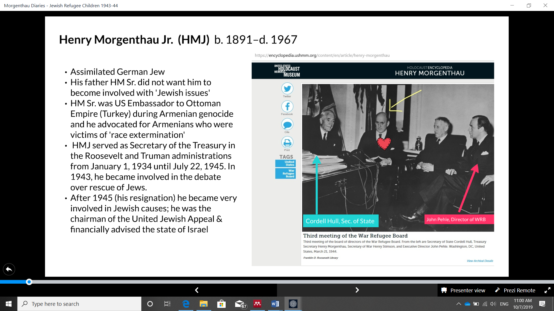 Slide 3 from EHRI presentation. Photograph of the Third Meeting of the War Refugee Board from USHMM, and brief historical biography of HMJ